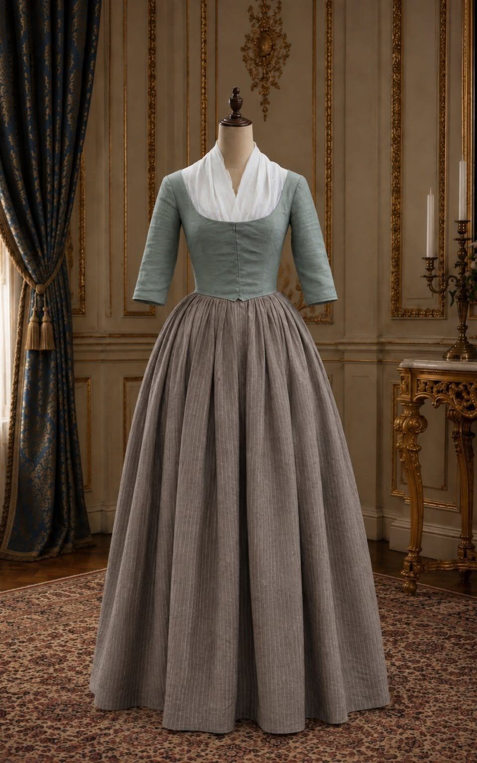 Nineteenth-century style dress with blue bodice and grey skirt on a mannequin.