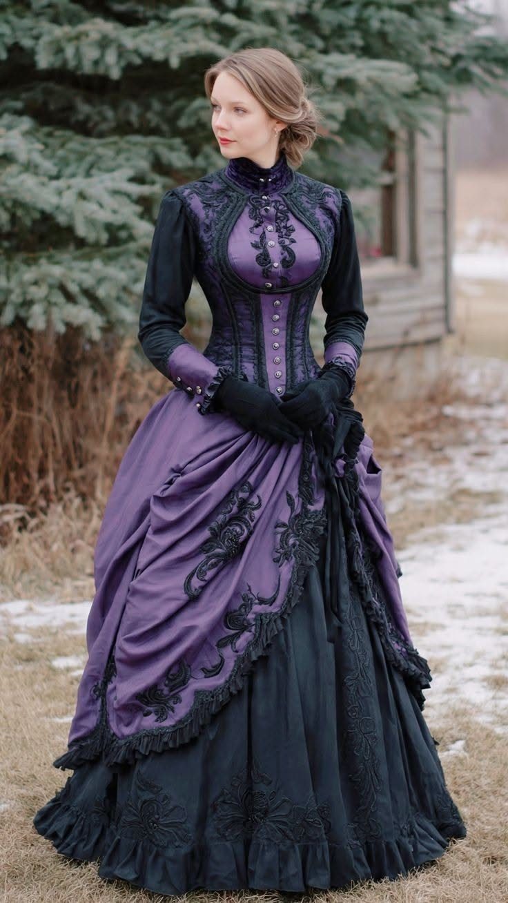 Woman in a purple and black Victorian bustle gown standing outdoors by trees.