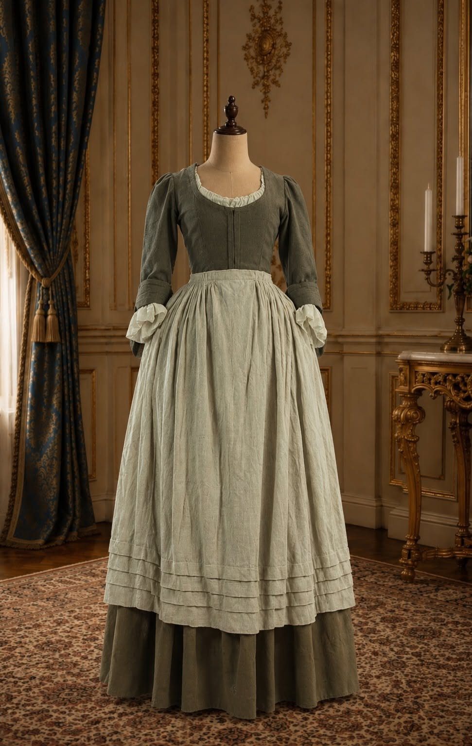 Grey 19th century style dress with white apron on a mannequin in ornate room