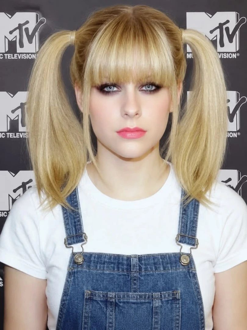 Woman with blonde pigtails wearing blue denim overalls over a white t-shirt.