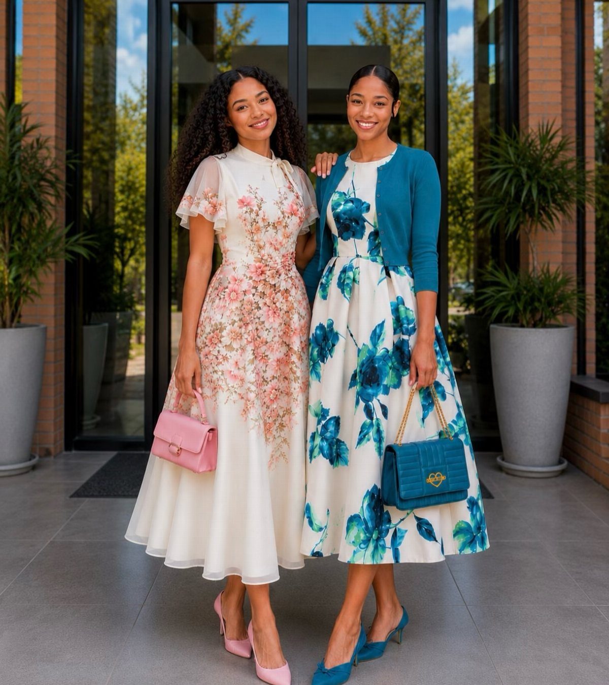 Two women wearing 1950s style floral dresses and matching handbags standing outdoors.
