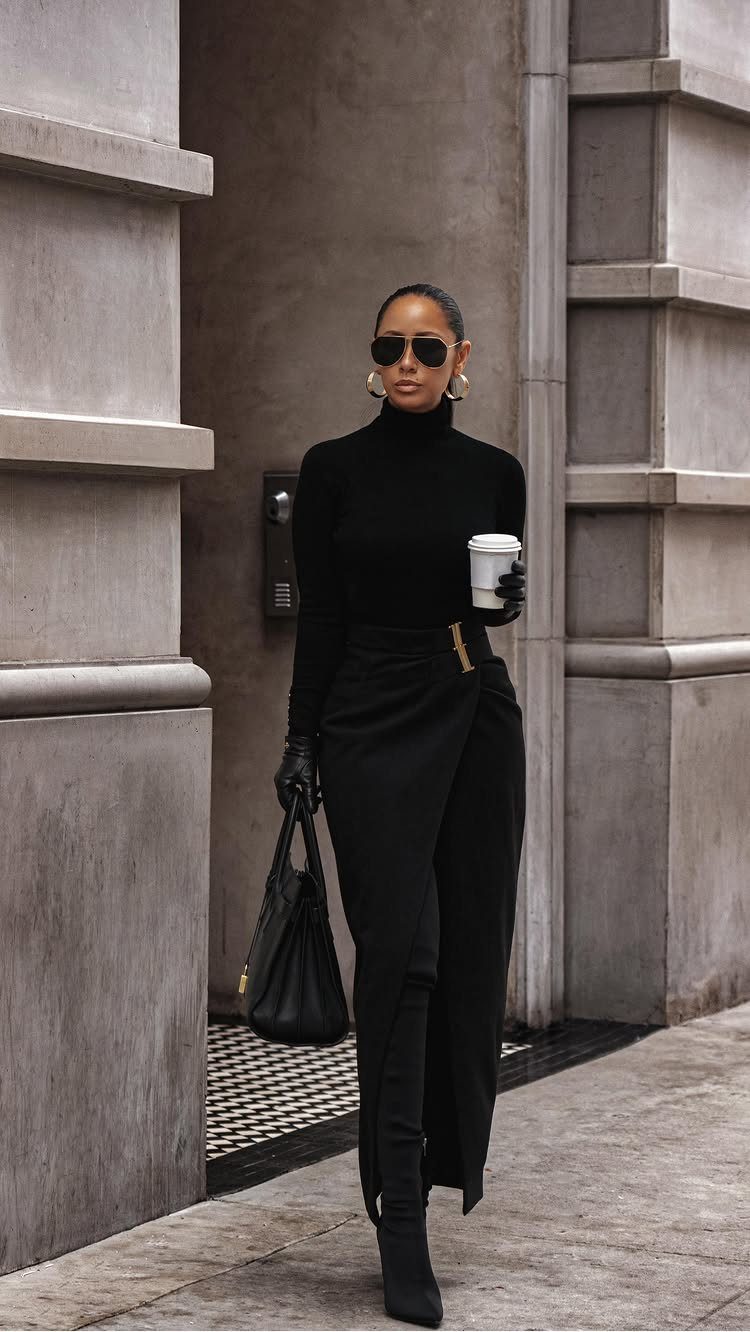 Woman in black turtleneck and trousers walking on a city street with coffee.