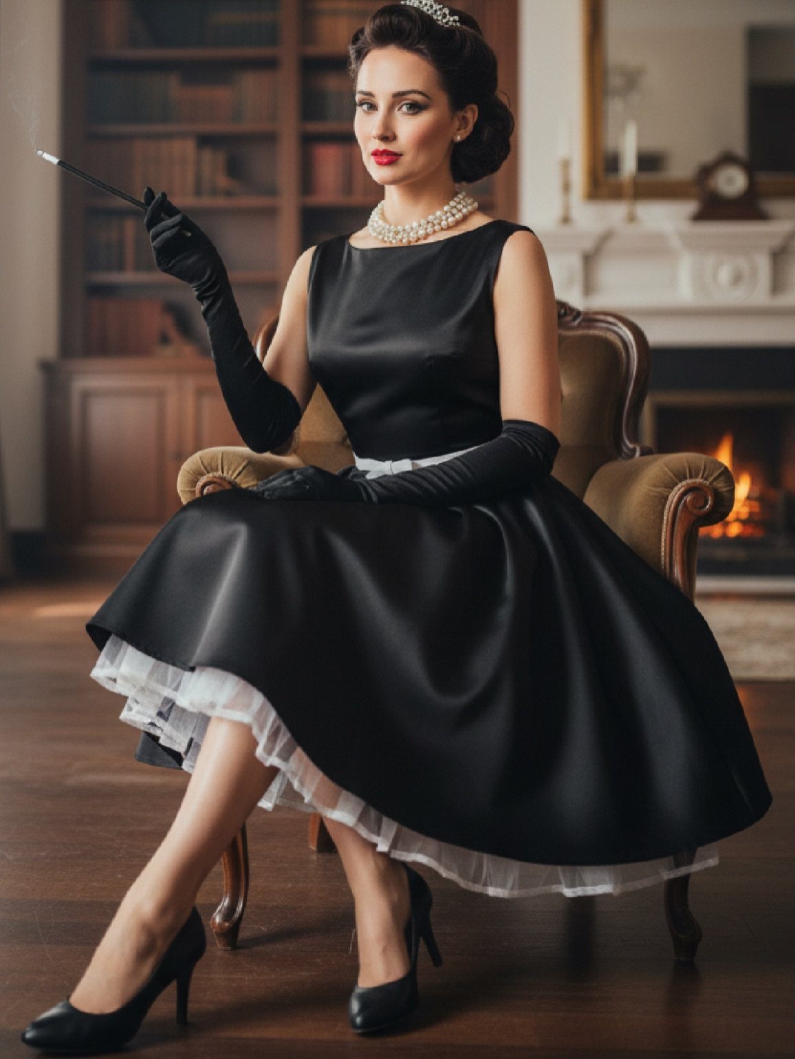 Woman in a black satin boatneck dress and long gloves sitting in a library.
