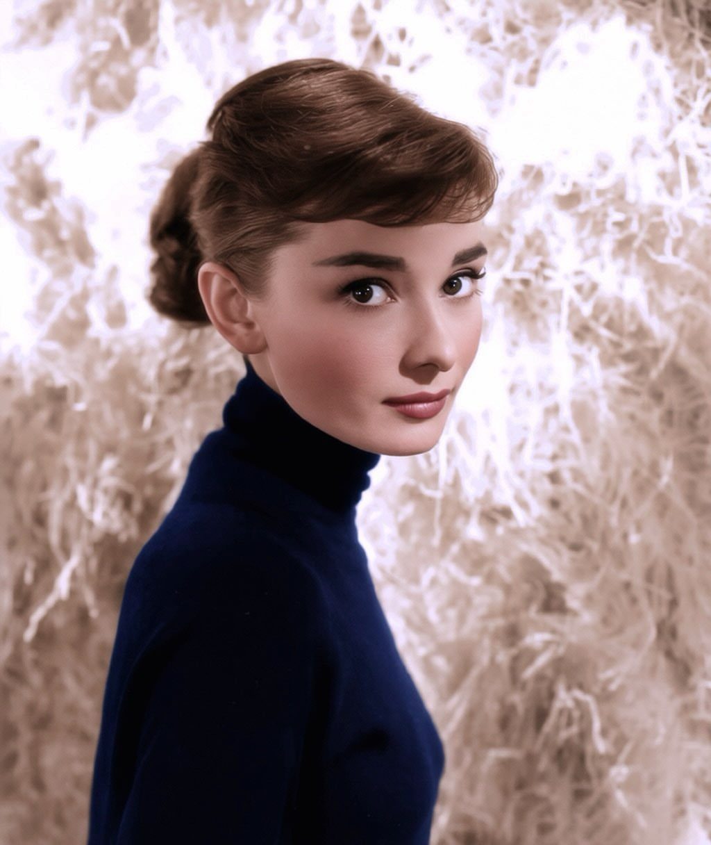 Audrey Hepburn wearing a dark turtleneck sweater against a textured light background.