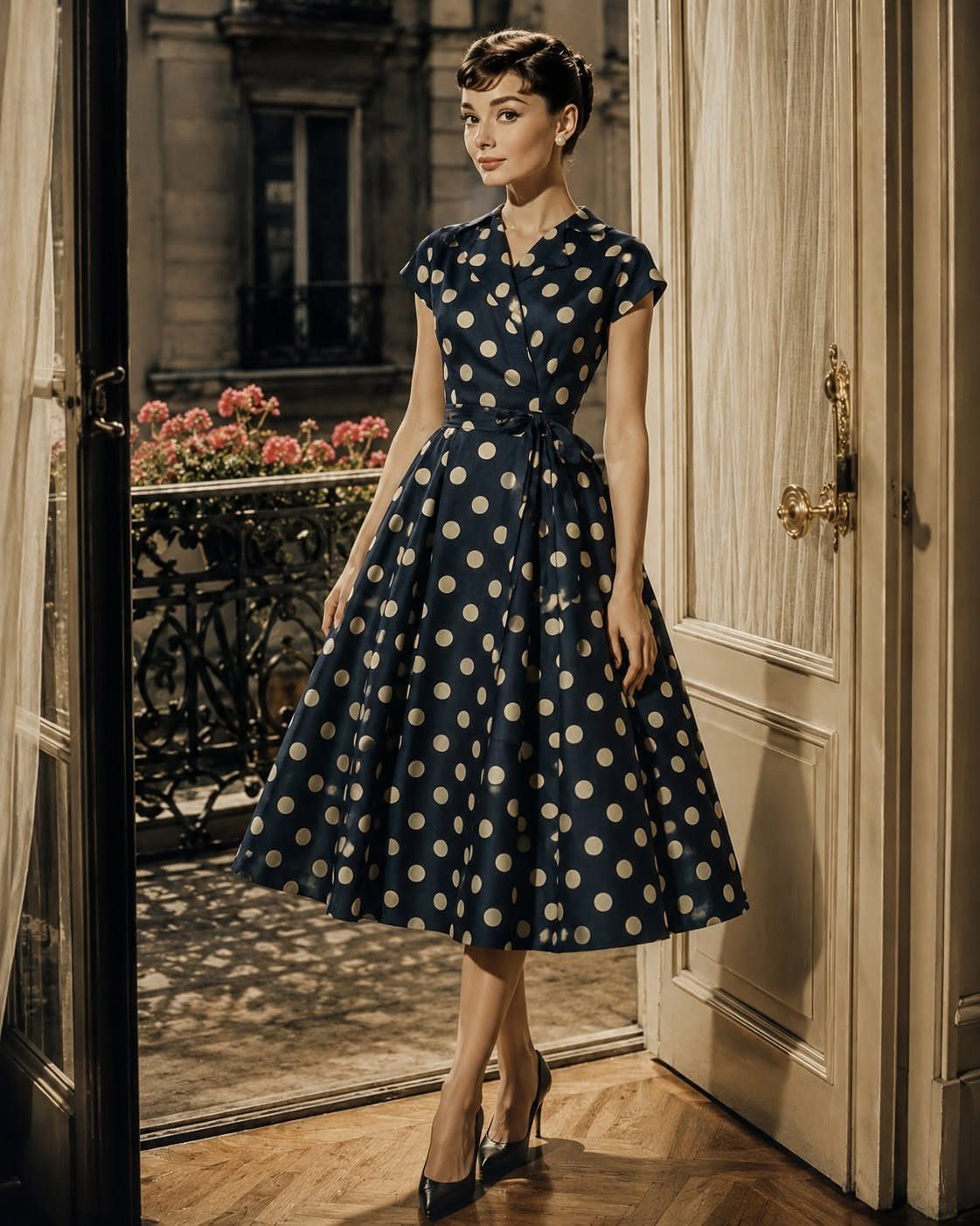 Audrey Hepburn in a navy blue and white polka dot dress standing by a doorway