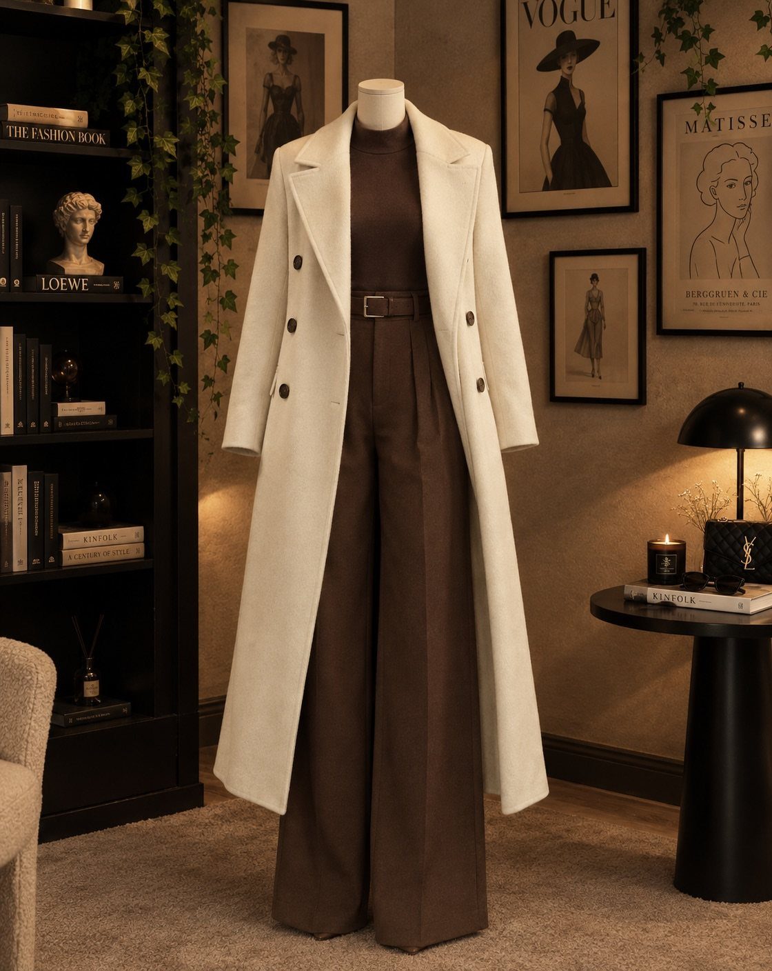 White long coat and brown wide-leg trousers displayed on a mannequin in a room.