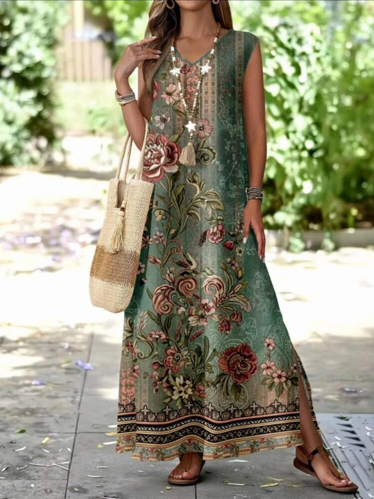 Beachy Long Dresses: 5 Ideas for Sand and Sun 1 Woman in a green floral maxi dress with a straw bag and sandals.
