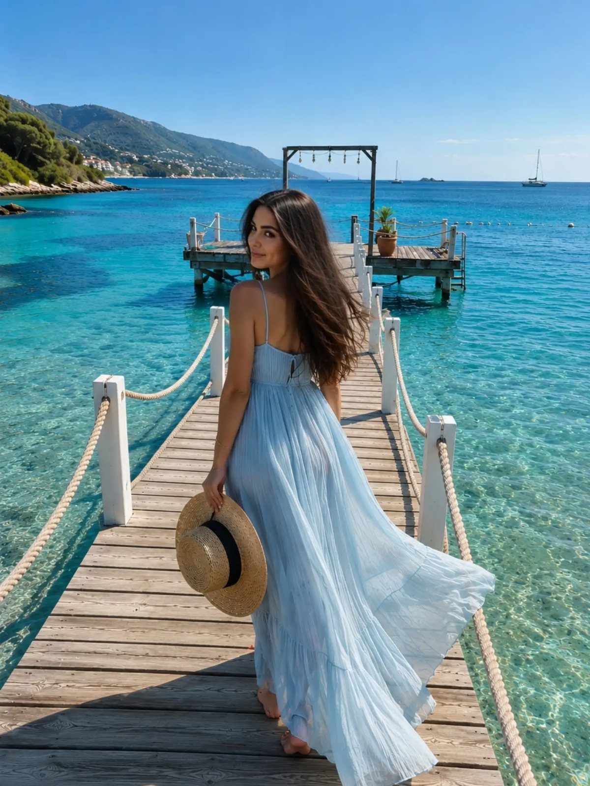 Beachy Long Dresses: 5 Ideas for Sand and Sun 2 Woman in a flowing light blue maxi dress standing on a wooden pier.