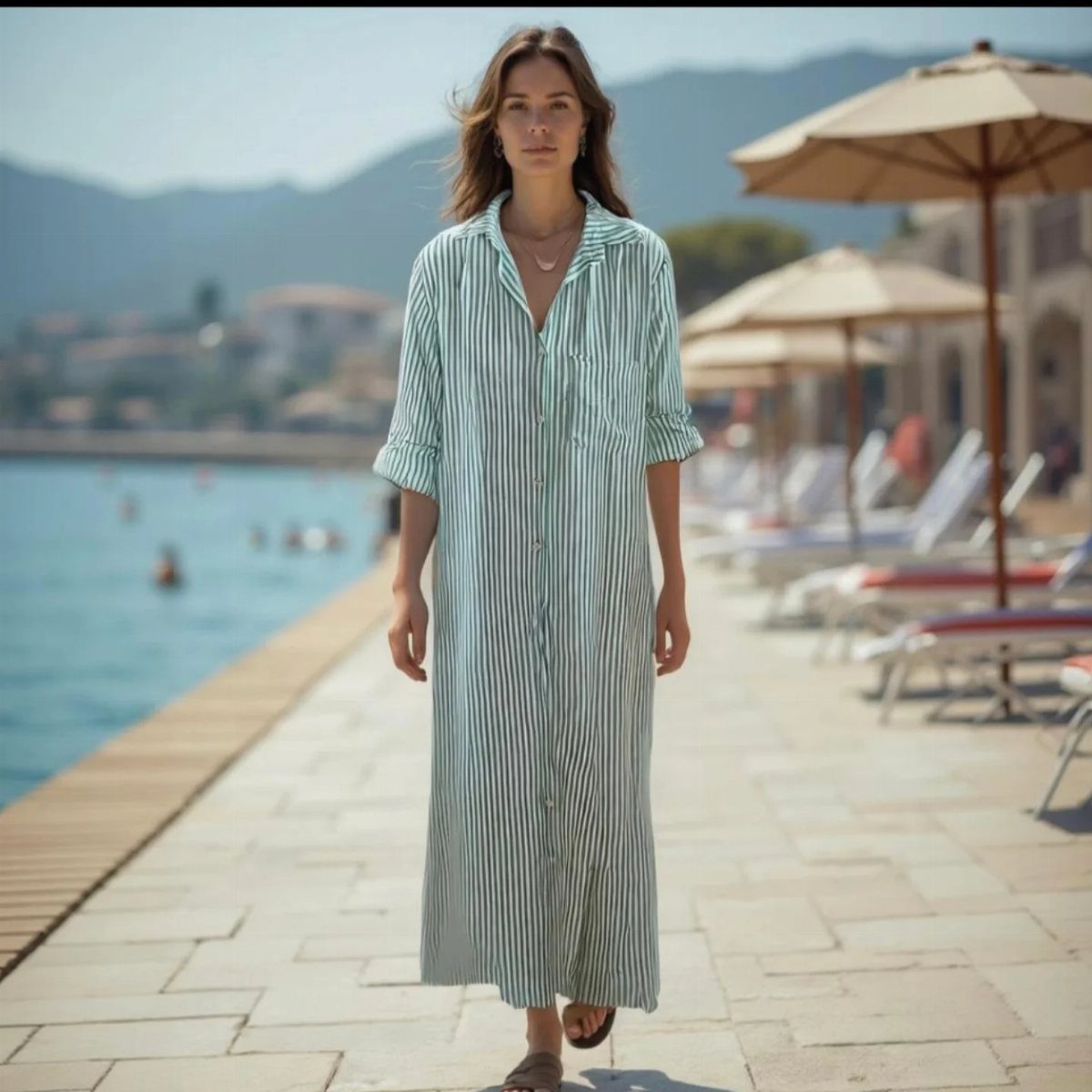 Beachy Long Dresses: 5 Ideas for Sand and Sun 5 Woman in a long striped blue shirt dress walking along a sunny beach promenade