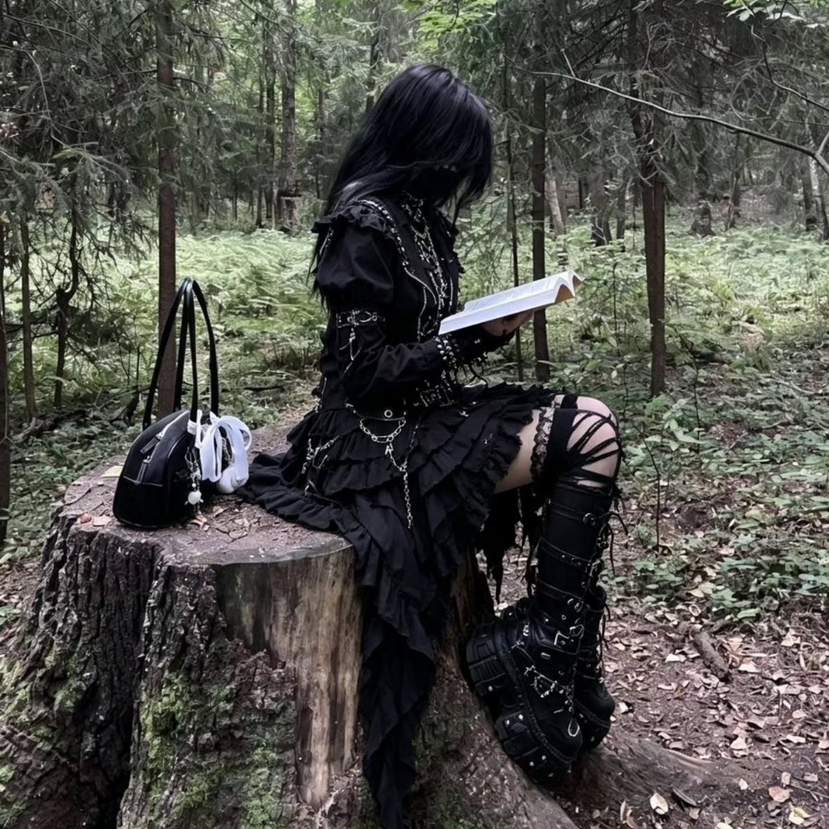 Person in gothic black dress and platform boots reading a book on a stump