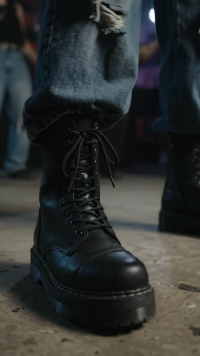 Black leather lace-up platform boots worn with distressed blue denim jeans.