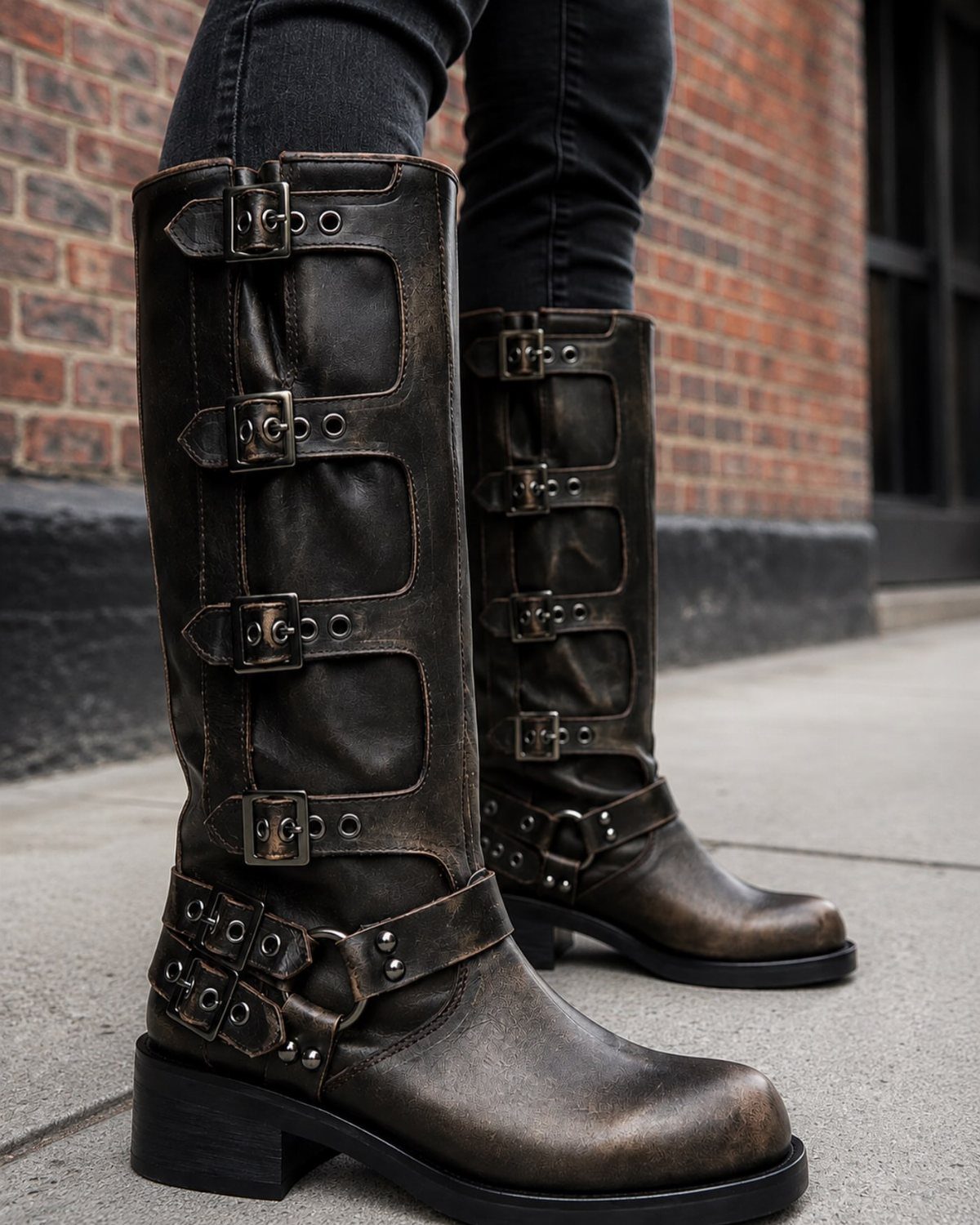 Tall brown leather boots with multiple adjustable buckles and straps on a sidewalk.
