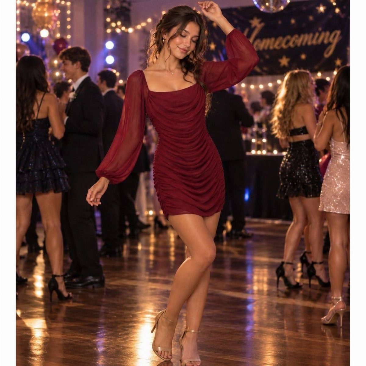 Woman in a fitted burgundy mini dress dancing at a homecoming party.