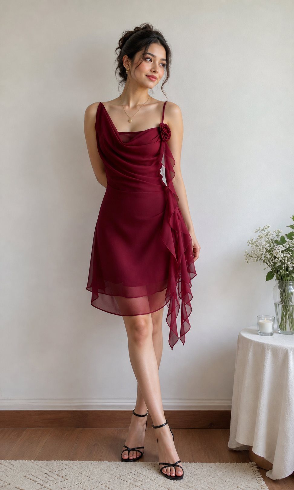 Woman in a burgundy chiffon mini dress with ruffles and black strappy heels.