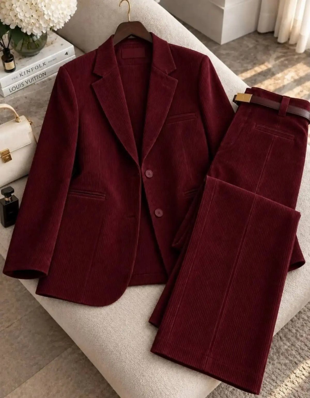 Burgundy corduroy blazer and matching trousers laid out on a light surface.