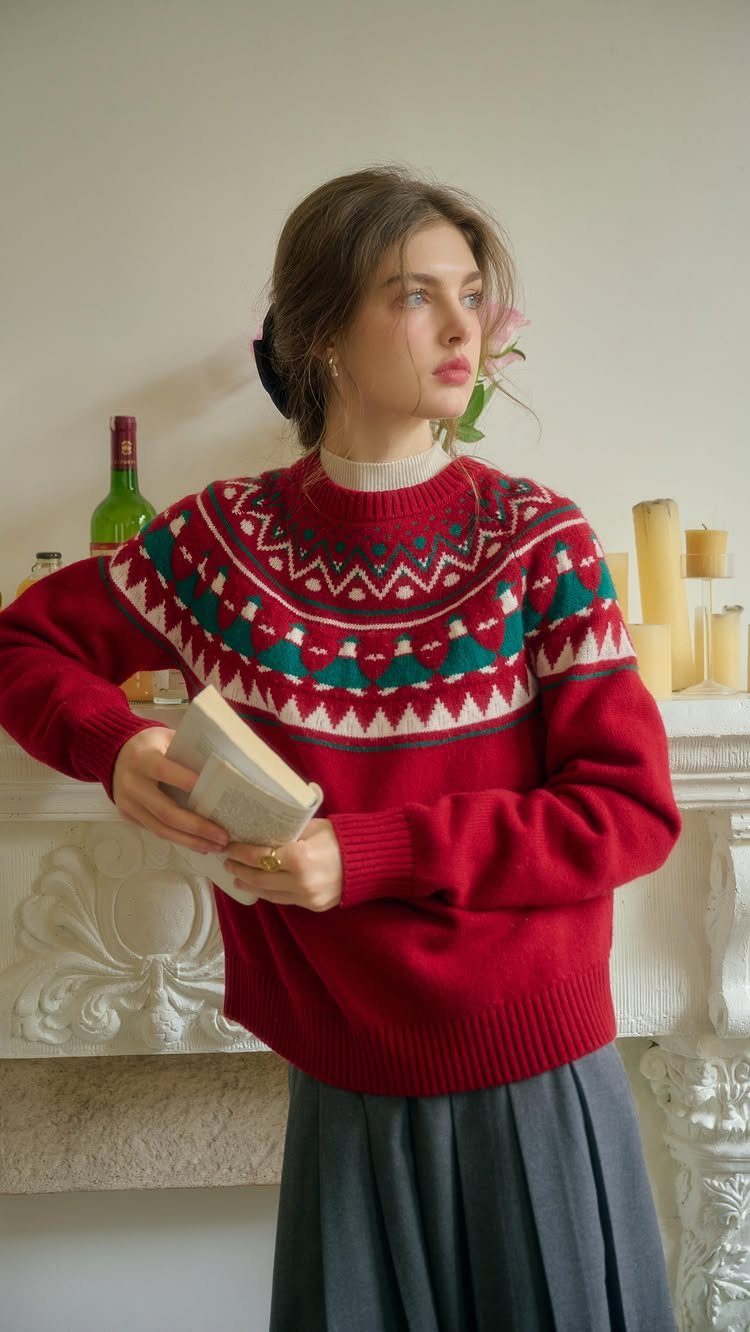 Woman in a red Christmas tree sweater and grey skirt holding a book.