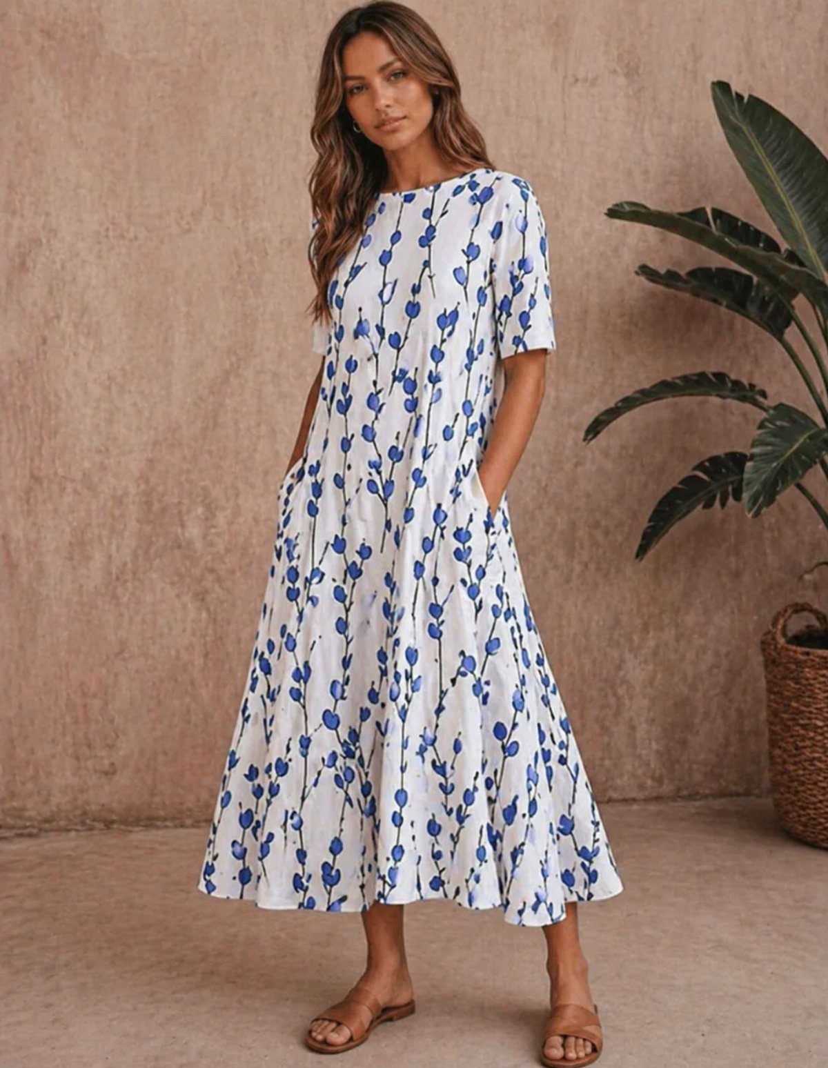 Woman in a white and blue floral sundress with pockets and brown sandals.