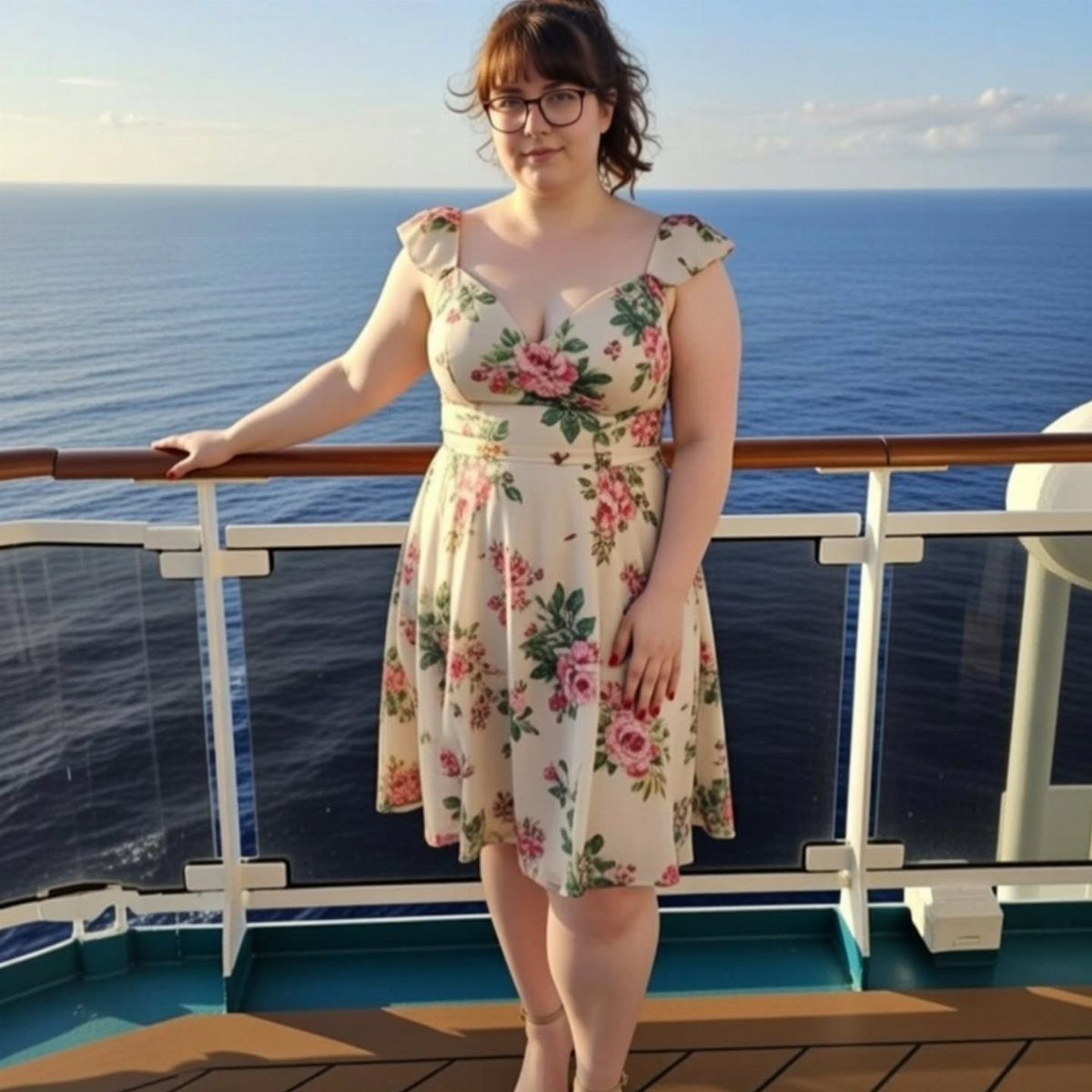 Woman in a cream floral sundress standing on a cruise ship deck overlooking the ocean
