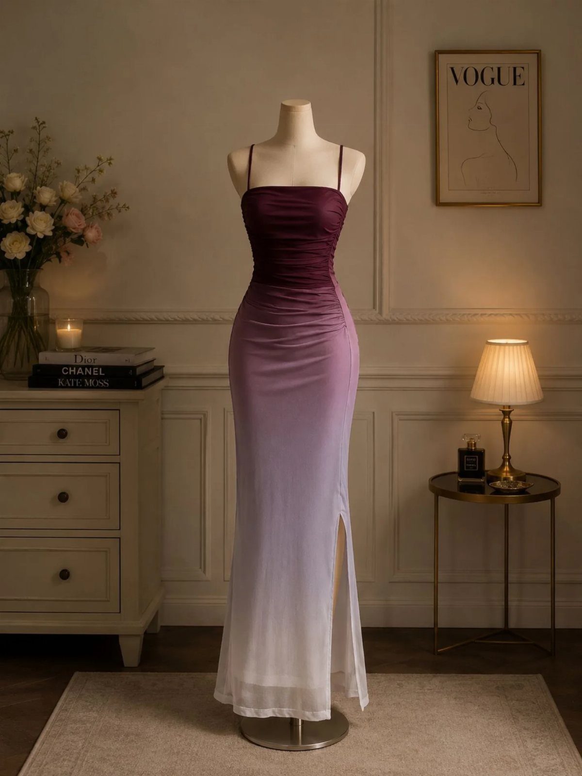 Purple and white ombre maxi dress on a mannequin in a decorated room