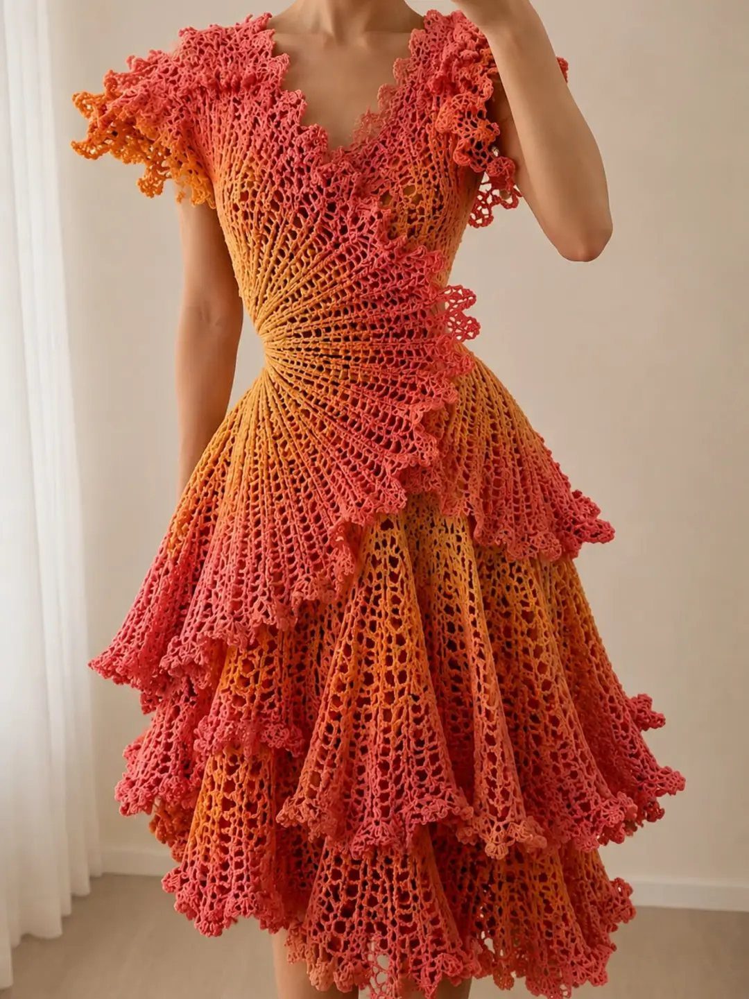 Woman wearing a tiered orange and red crochet dress with ruffled edges.