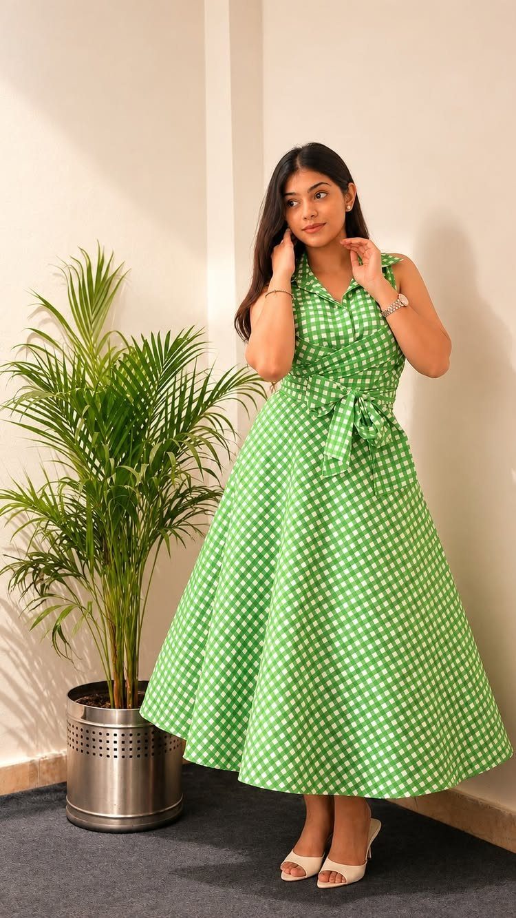Woman wearing a green and white gingham midi dress standing by a palm plant.