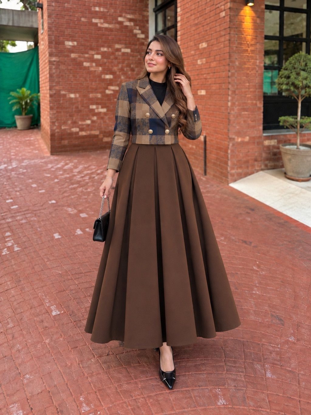 Woman wearing a cropped plaid blazer and long brown pleated skirt on brick path
