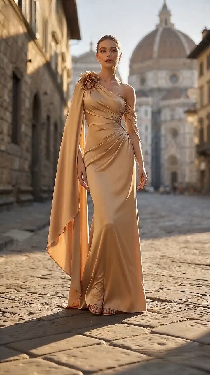 Woman in a gold satin column dress with a one-shoulder draped cape.