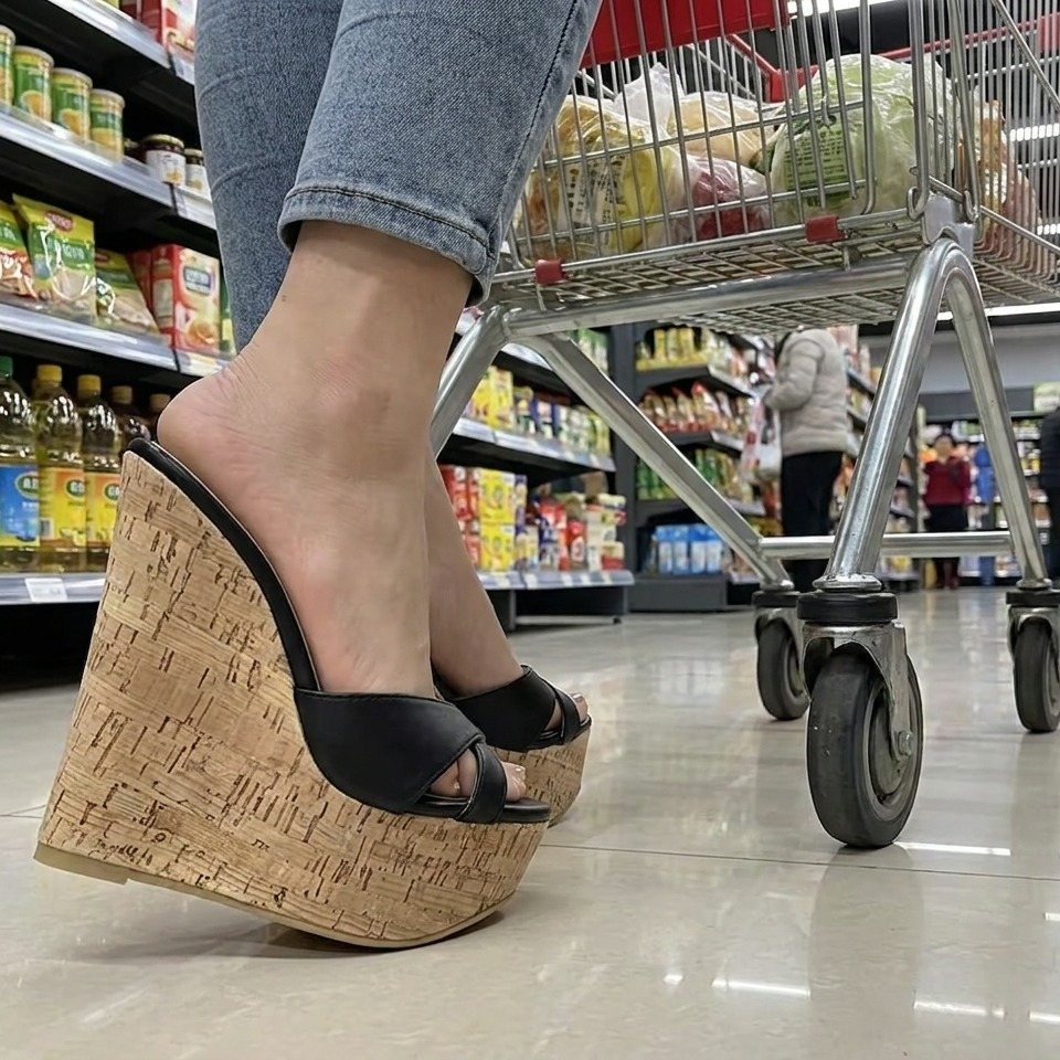 High Heels Design Ideas: 9 Styles from Slingbacks to Platforms 4 Black open-toe wedge heels with cork soles worn with blue jeans in a store.