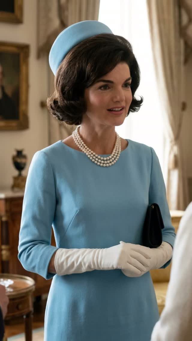 Woman in a light blue dress and pillbox hat wearing pearl necklaces and gloves.