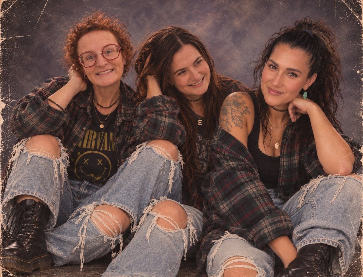 Three women wearing plaid flannel shirts and ripped blue jeans posing together.
