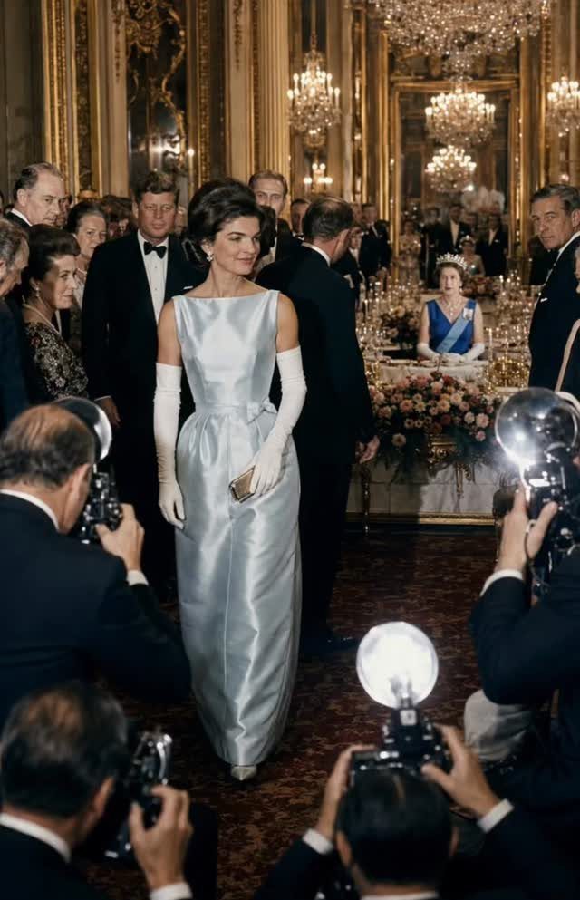 Jacqueline Kennedy in a pale blue satin gown at a formal gala event.