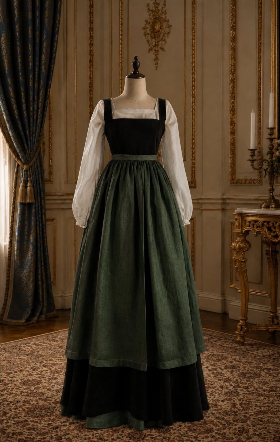 Medieval maid outfit with white blouse, black bodice, and dark green skirt on mannequin