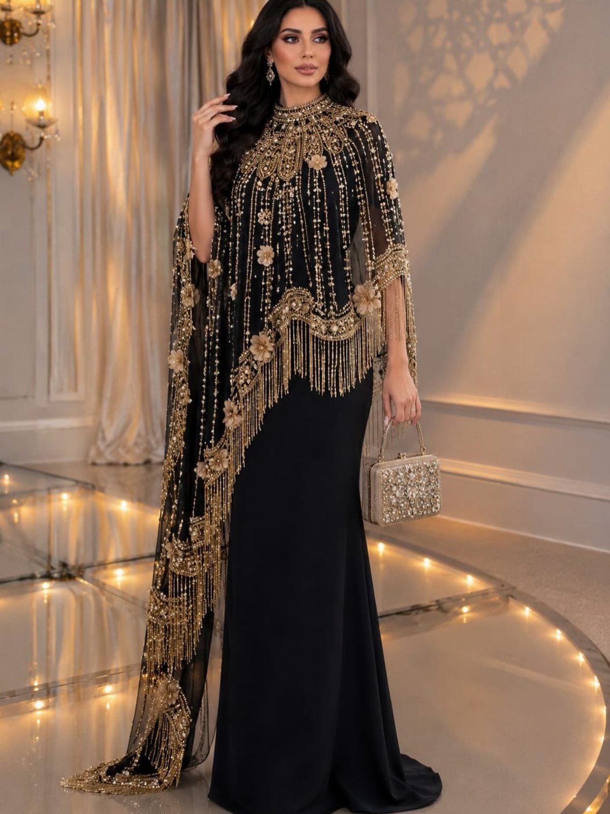Woman in a black gown wearing a gold embellished floor-length cape and train.