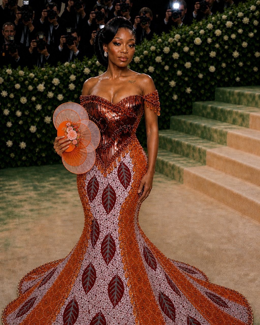 Woman in an ornate orange and red sequined gown holding a circular fan.