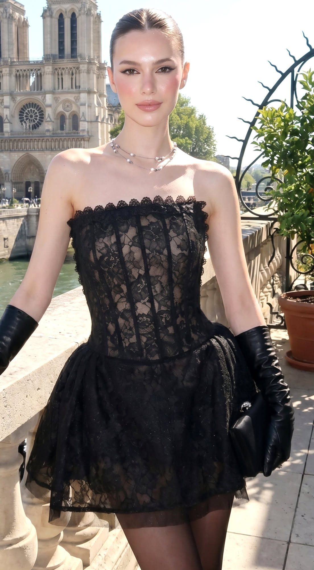 Woman in a strapless black floral lace mini dress and black leather opera gloves.