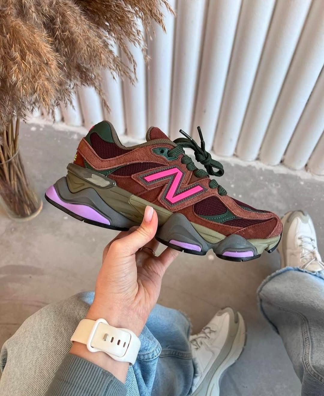 New Balance 9060 All Colors: 8 Pairs to Consider 3 New Balance 9060 sneaker in rich oak and nightwatch green with pink accents.