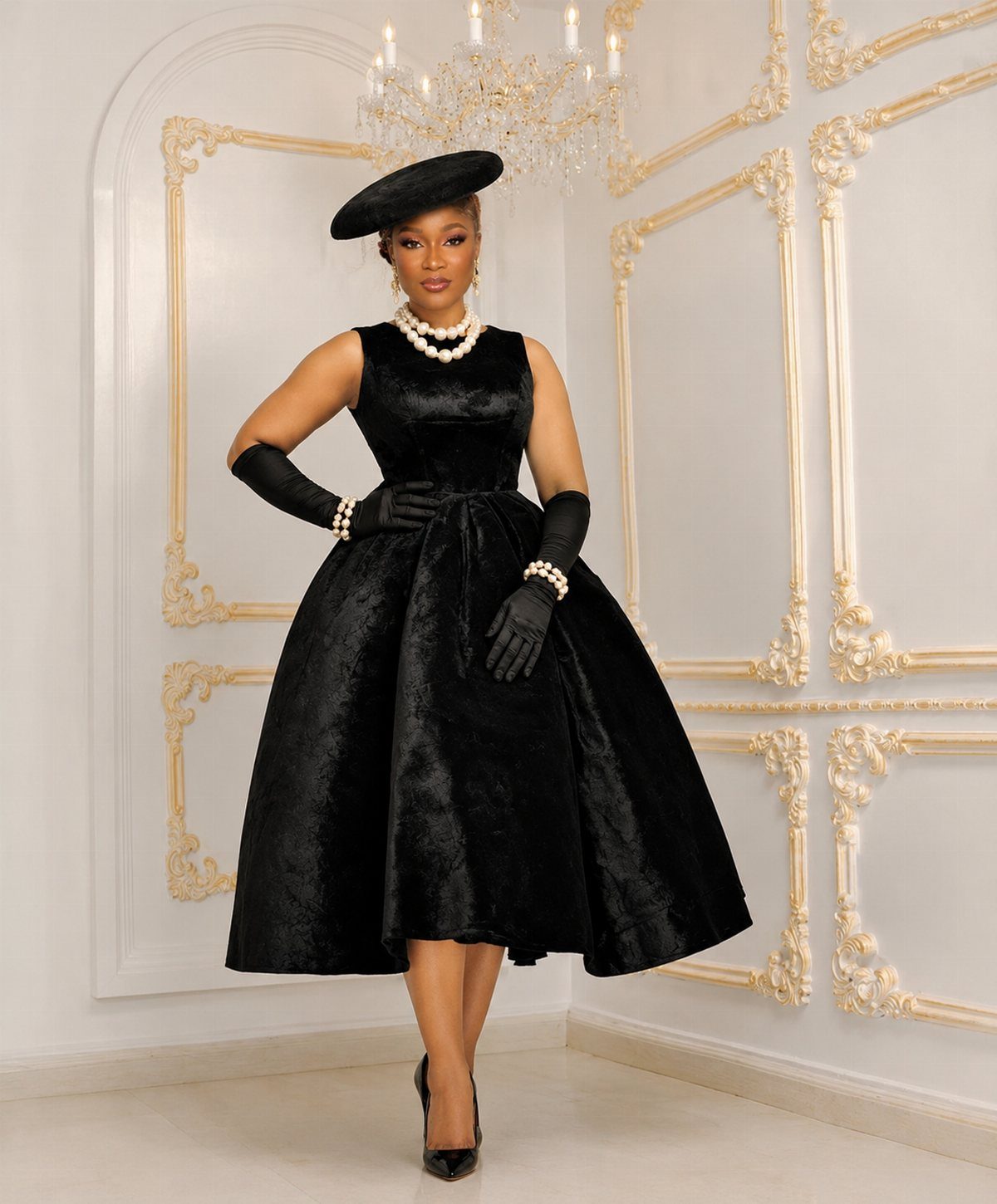Woman in a black velvet vintage gown with pearls and a pillbox hat.
