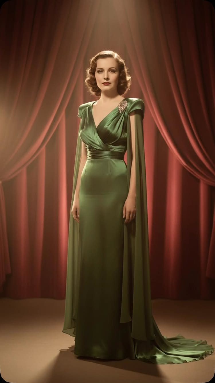 Woman in an emerald green satin vintage gown posing before red velvet curtains.