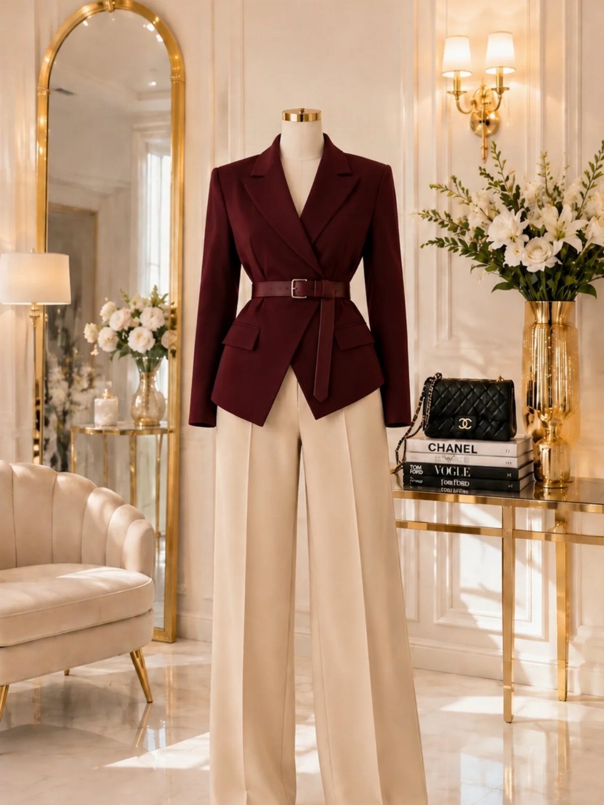 Burgundy belted blazer and cream wide-leg trousers on a mannequin in a luxury room