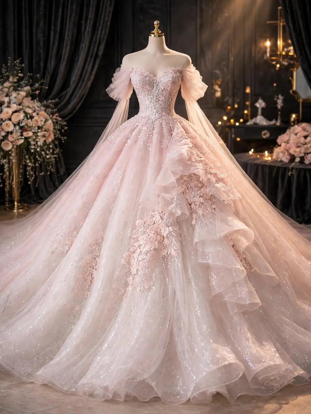 Light pink ball gown with floral lace on a mannequin in dark room