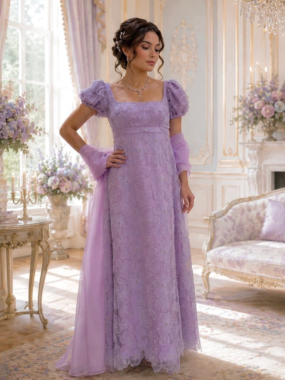 Woman in a lavender lace gown and cape standing in an ornate room