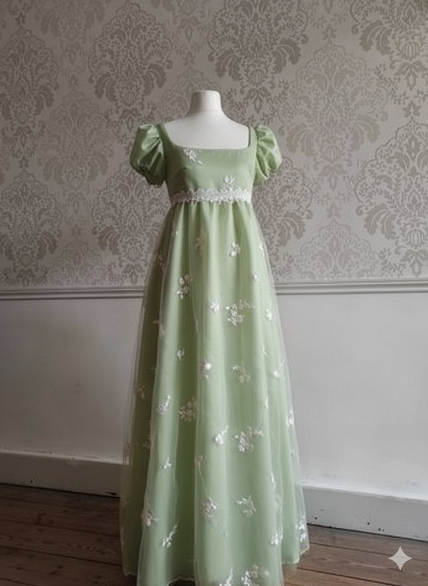 Light green empire-waist gown with white floral embroidery on a white mannequin.