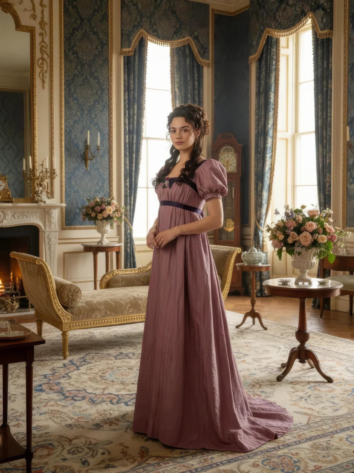 Woman in a mauve high-waisted Regency gown standing in an ornate classical room.