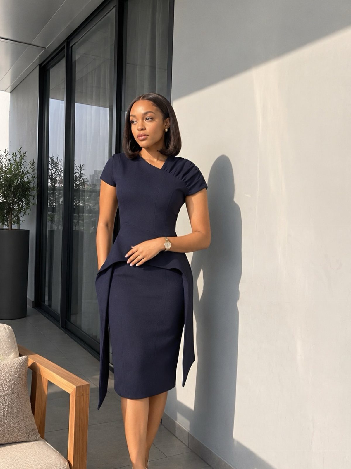 Woman wearing a navy blue midi dress standing on a modern balcony.