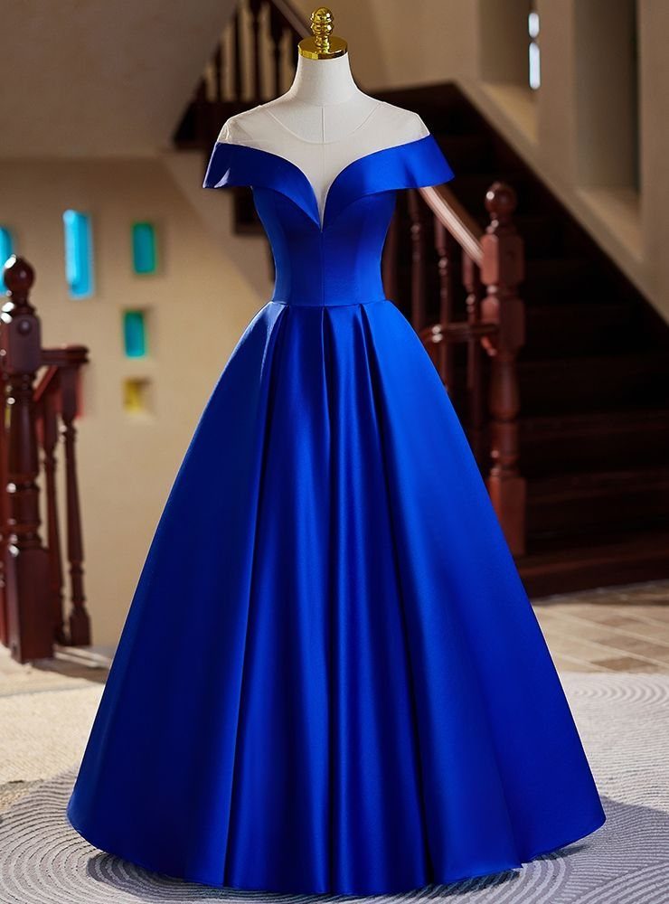 Royal blue satin gown with off-the-shoulder V-neckline on a mannequin.