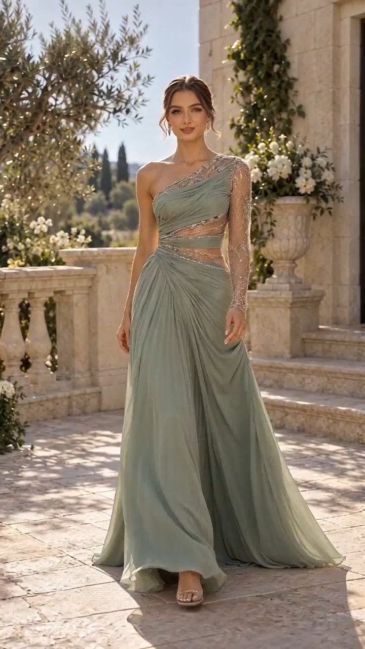 Woman in a sage green floor-length one-shoulder gown on a stone terrace.