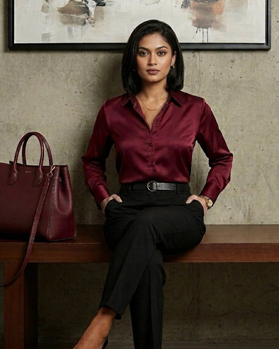 Woman in maroon satin blouse and black trousers sitting on a wooden bench.
