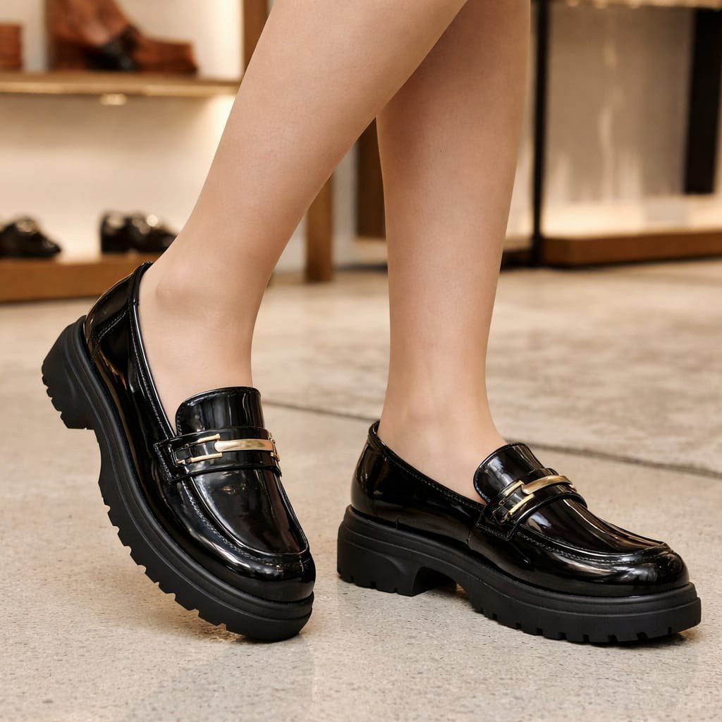 Black patent leather loafers with gold accents and chunky soles on a person.