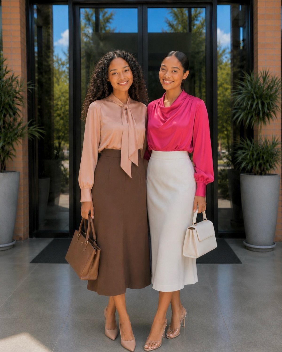 Two women wearing satin blouses and midi skirts in a professional outdoor setting.