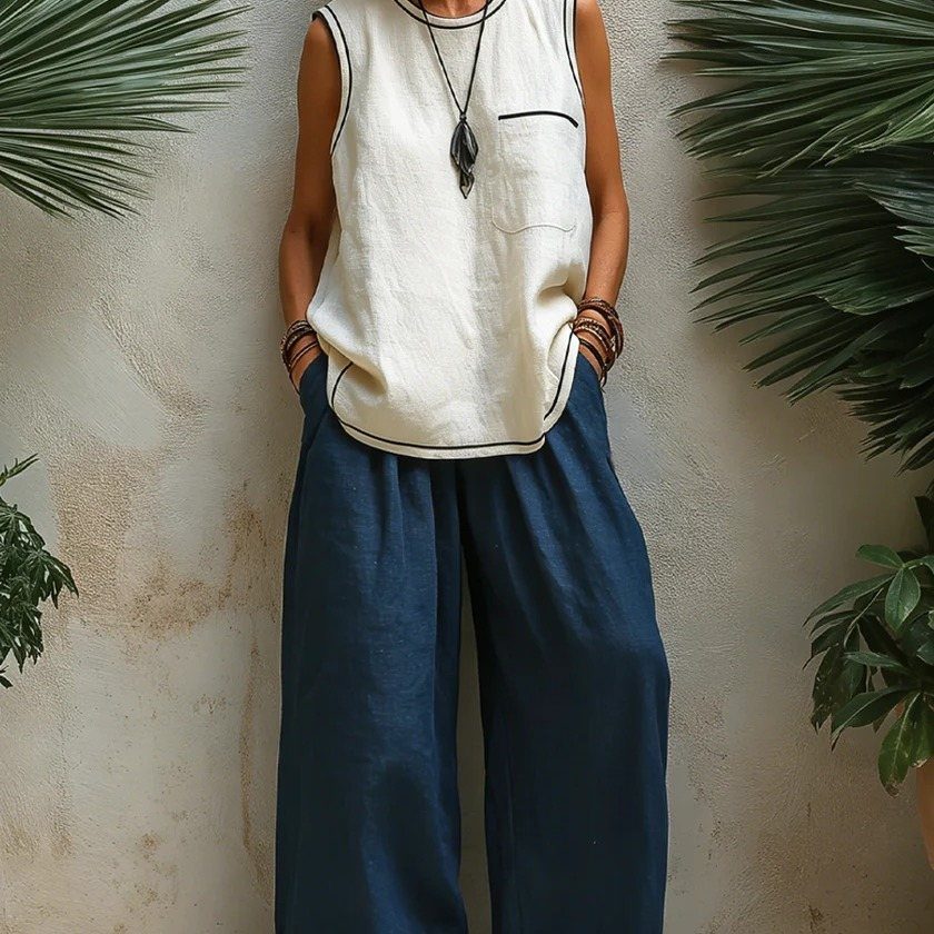 9 Summer Wide Leg Pants Outfit Ideas for Easy Style 6 Person wearing a white sleeveless top and dark blue wide leg linen pants.